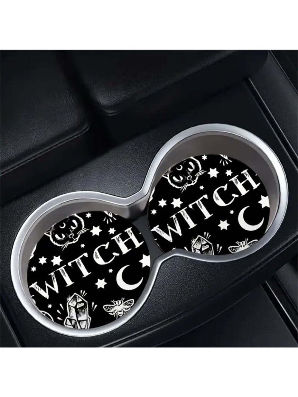 Witch-Themed Car Coasters Set Of 2 Black & White Fits Standard Cup Holders 2.75